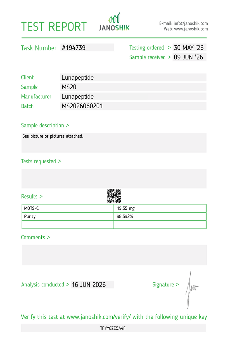 Certificate of Analysis — MOTS-C 20MG (Box)