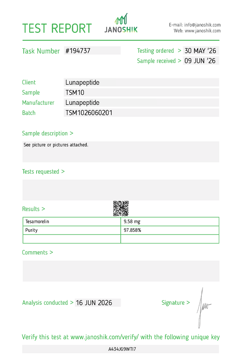 Certificate of Analysis — TESAMORELLIN 10MG (Box)